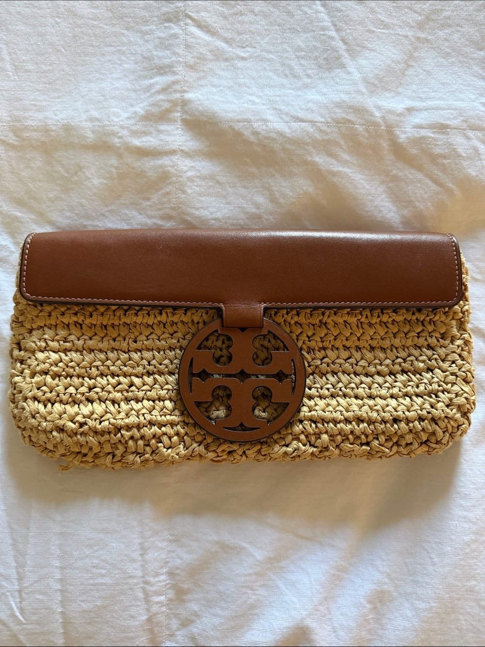 Tory Burch Tan Leather & Natural Raffia Logo Clutch